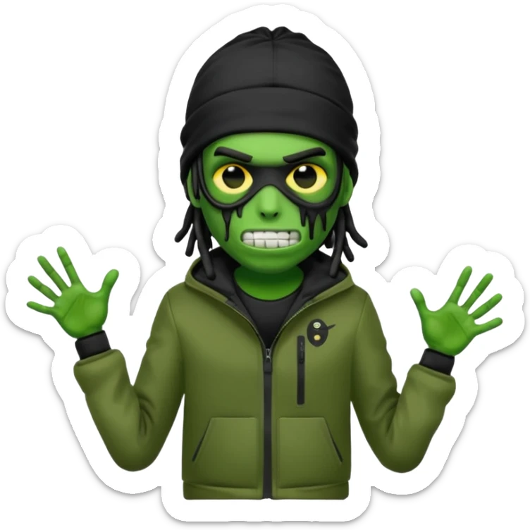 a zombie emoji with black dreads and a black nike jacket and black nike ski mask on his head sticker