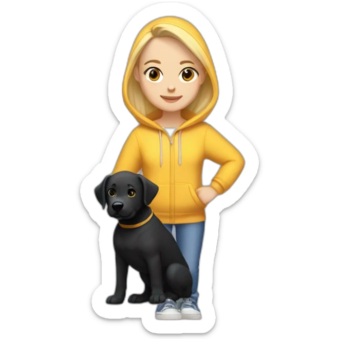A blonde girl  with smooth hair and a ray in the middle of his hair, she has light skin a few freckles, and she wear a hoodies and she Carries in his arms a black baby labrador dog  sticker