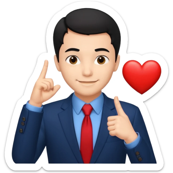 A man in very black short hair with all back hair style, wearing dark blue suit and red tie, making a heart finger sticker