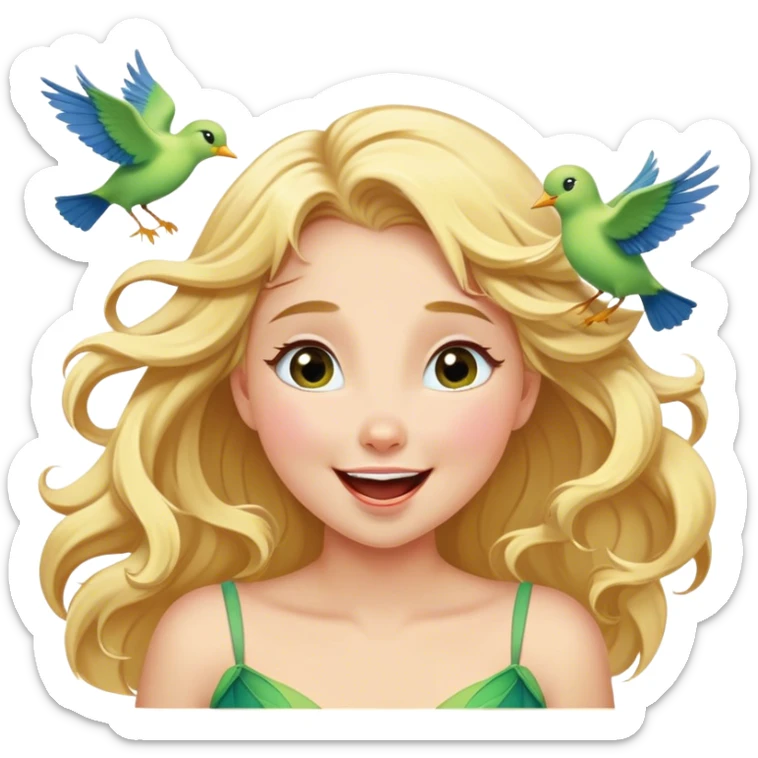 Cinematic Adorable Aurora Portrait Emoji, Giggling in surprise as birds land on her shoulders, cheeks flushed, golden locks bouncing, an irresistible mix of playfulness and beauty! sticker