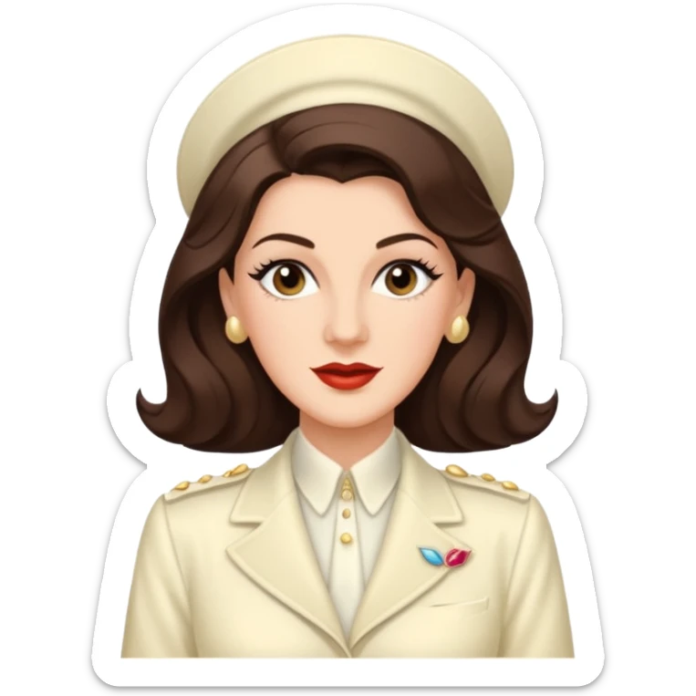 Maxene Andrews from The Andrews Sisters with long dark brown hair, ivory outfit sticker