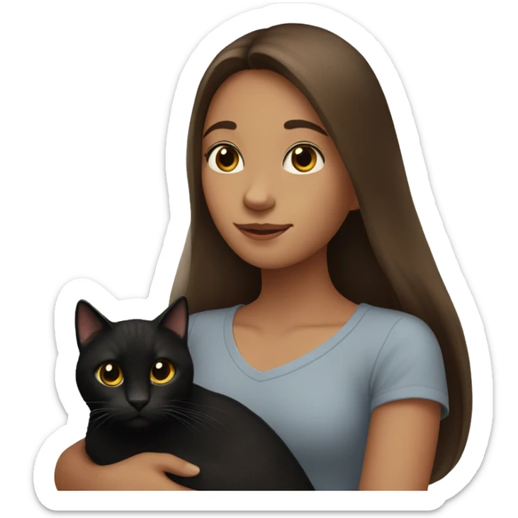 A girl with long brown hair holds a black cat in her arms. sticker