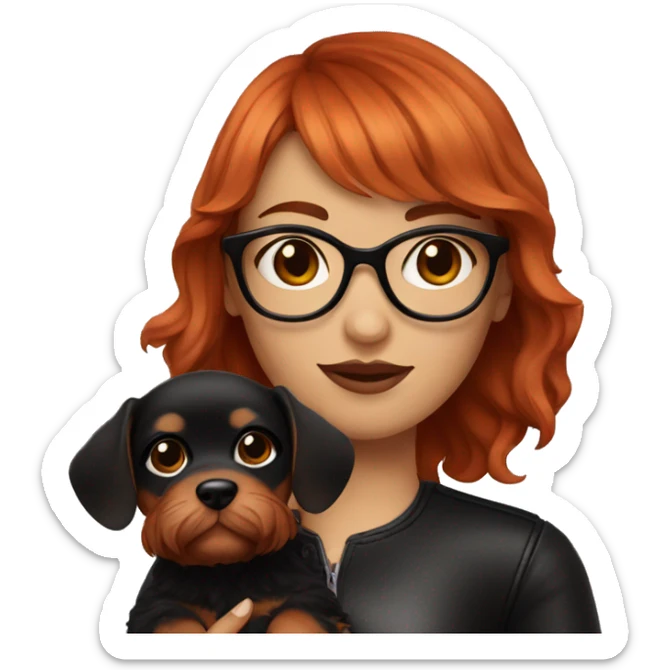 red-haired girl with bangs and short hair and black glasses leather holding a Cavalier puppy sticker