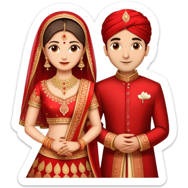 Indian married couple in traditional wedding attire, bride in red and gold wedding lehenga or saree, groom in sherwani, both with fair skin, groom is clean shaven sticker