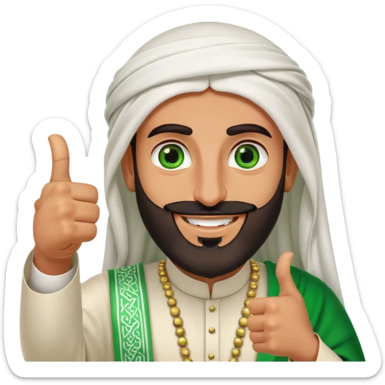 "Tanned Arab Saudi man with green eyes and a beard, wearing an agal and traditional attire, smiling happily and giving a big thumbs-up sticker