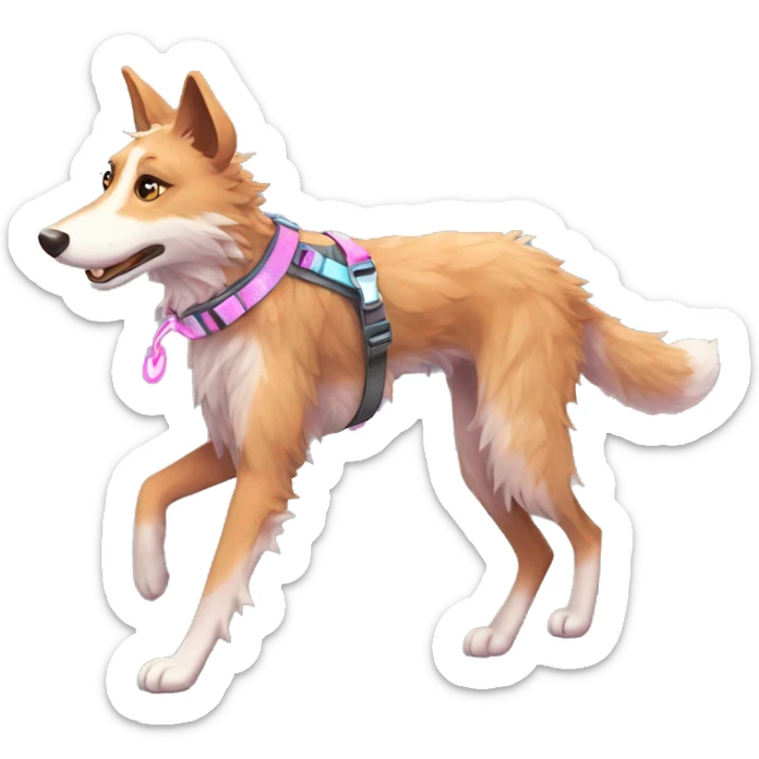  brindle fluffy lurcher fox blue eyes pink nose fluffy ears and holographic harness running sticker