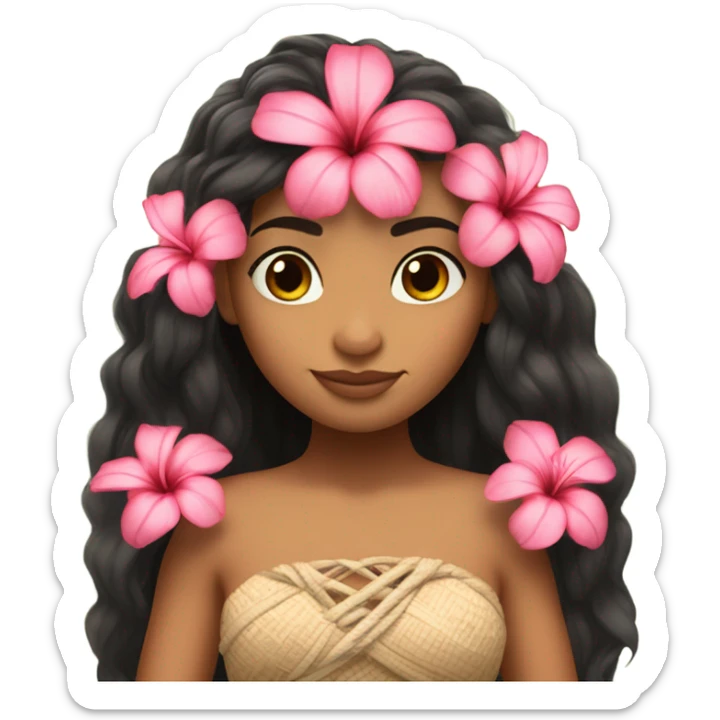 moana with long hair, long lashes and a hibiscuis pink flower on her hair sticker