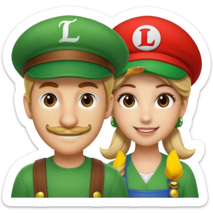 blonde female Luigi (with the Luigi green hat with an L on it) and a normal brown hair male Mario with the red hat with a M on it. They are friends just smiling. This video game sticker