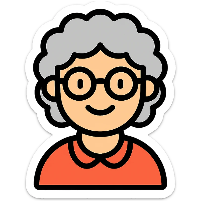 color outline icon of a smiling elderly Caucasian woman, grey curly hair, glasses sticker