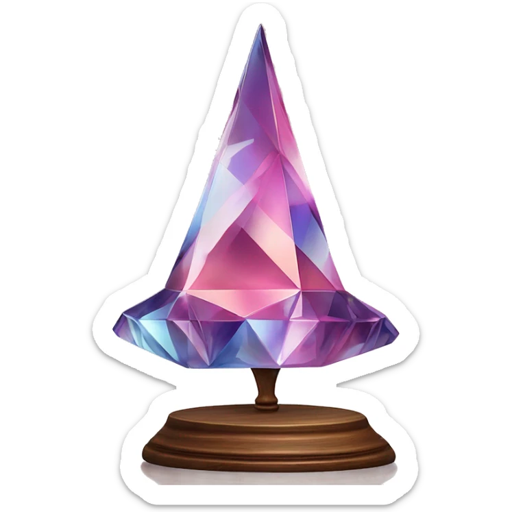 crystal sculpture witch hat with a geometric, faceted design. The hat is standing upright on a wooden stand with angular and baroque features. The vibrant midtone tints of pastels and pink highlights the sharp edges and planes.  sticker