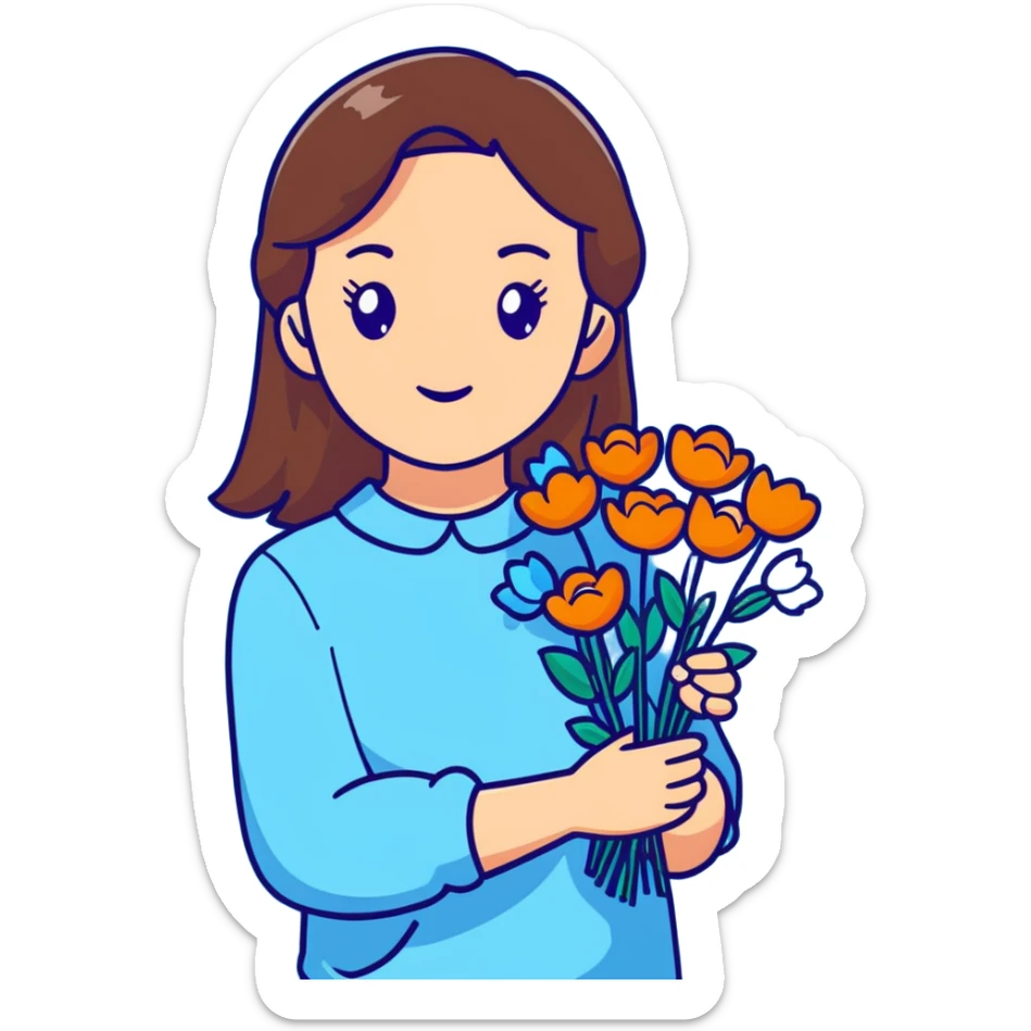 brunette girl with brown hair wearing pastel blue clothes holding flowers sticker