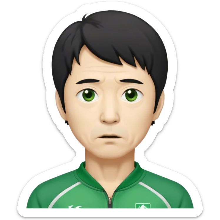 Seong Gi-hun : age 60, skinny and bony face, very small mouth, unkempt black hair and tired eyes, Green player tracksuit. sticker