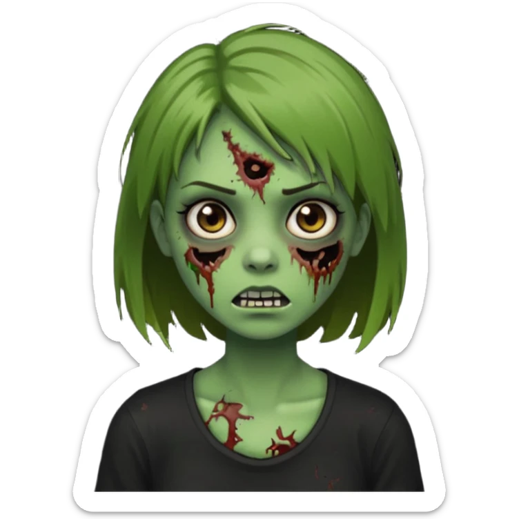 Zombie girl emoji verde com cabelo curto liso castanho no ombro com uma blusa preta sticker