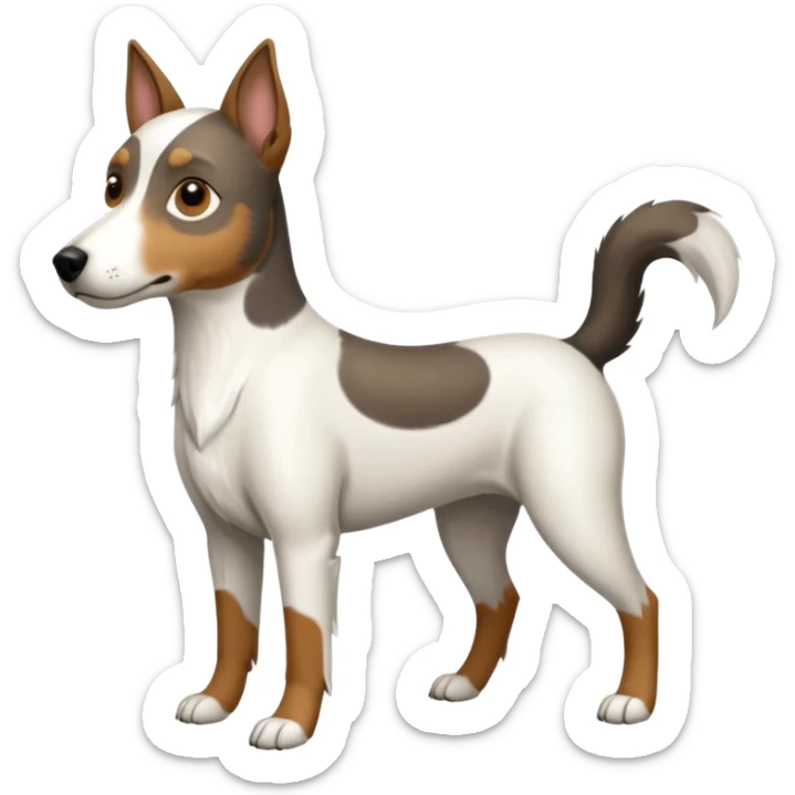 a full body large white floppy eared parson russell looking dog the size of a kelpie with light brown ears and a light brown patch on one eye and a large snout sticker