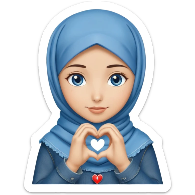 Turkish beautiful finish Konya girl blue eyes with denim hijab islamic dress and making heart with hands and with thank you text sticker