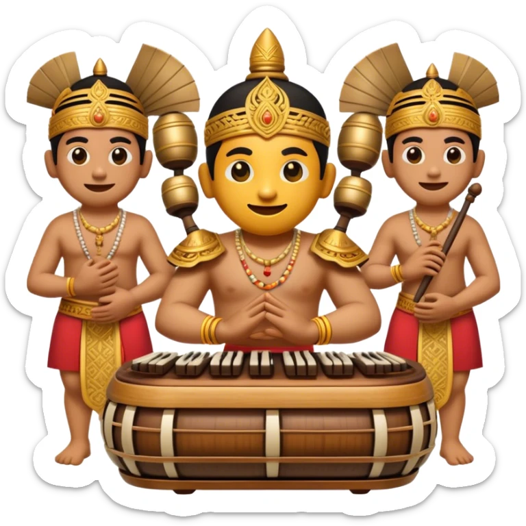 Cinematic Realistic Gamelan Pop Culture Emoji, depicted with an ensemble of traditional Indonesian instruments rendered with rich textures and rhythmic, cultural lighting. sticker