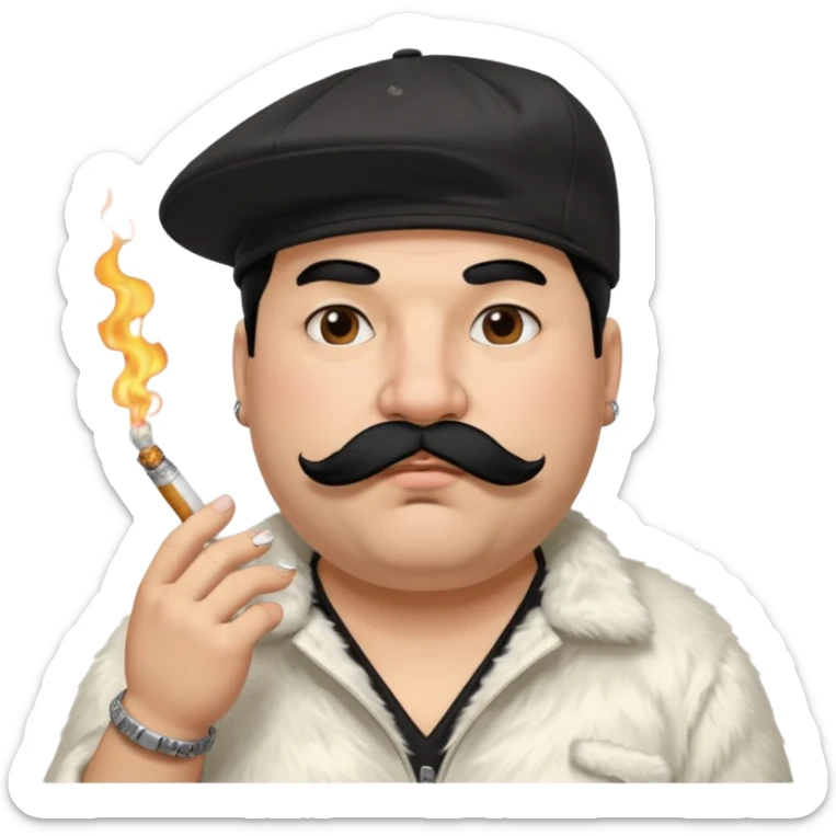 a fat father with white fur, black hair, a hip hop cap, a tattoo with a cigarette in his mouth, and a mustache. sticker