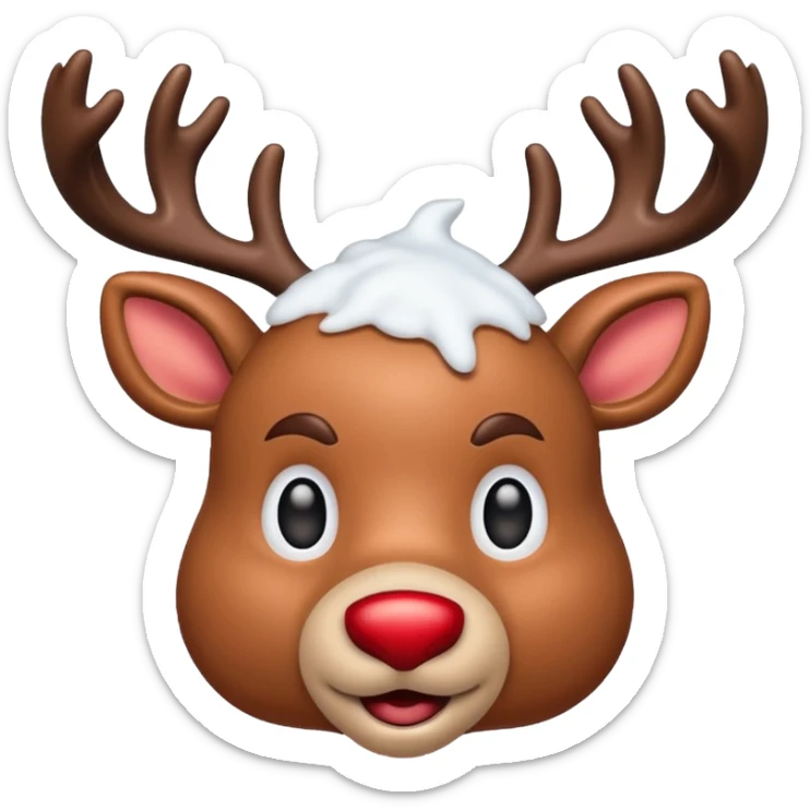 realistic emoji Rudolph red nosed reindeer with snow on its head and nose sticker
