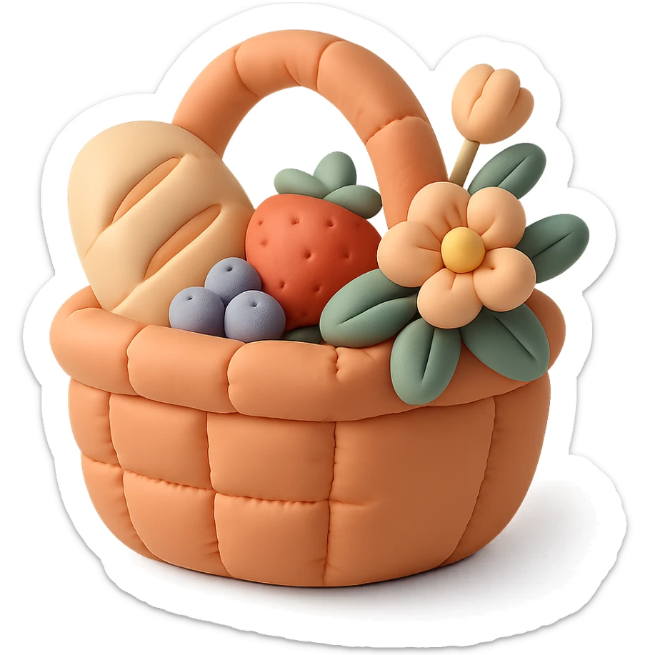 picnic basket with berries, bread, and flowers in warm pastel shades, cushion style sticker