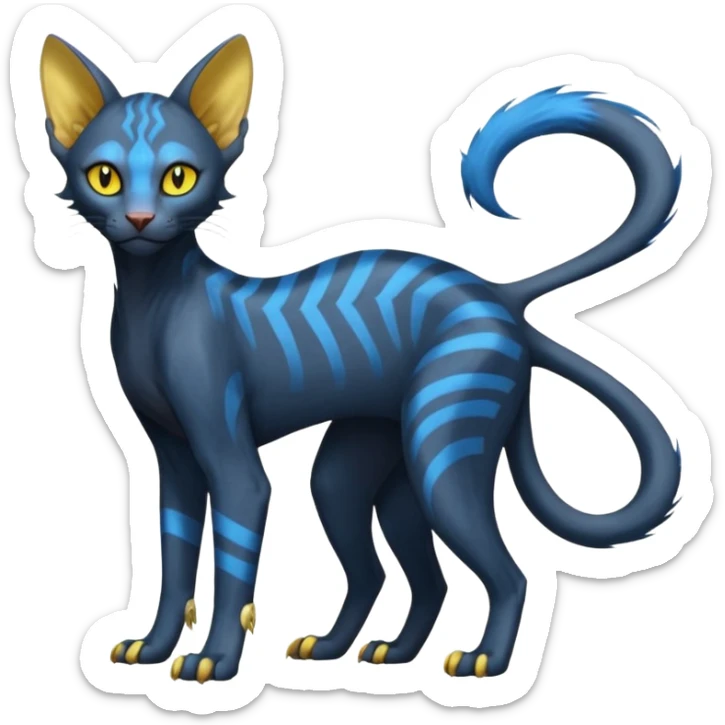 Lykoi-Electrike-Sphynx-Luxray-fusion-hybrid-animal-Fakémon-creature, full body, thin long sleek scaly tail, intricate markings sticker