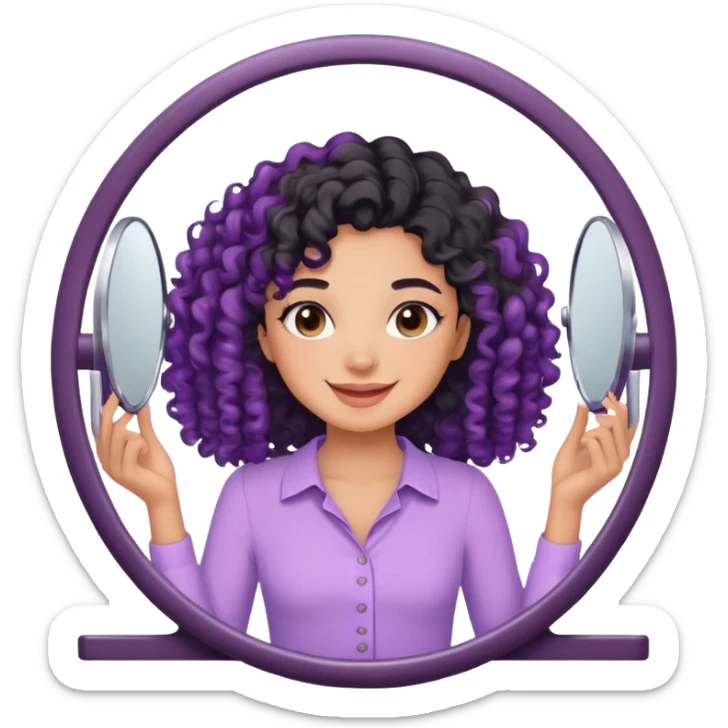 Um menina de cabelo cacheado preto com uma blusa lilás sorrindo se arrumando no espelho  sticker