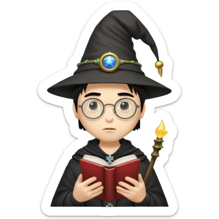 ["A sad boy with light skin, straight hair, wearing a wizard hat and round glasses, dressed in punk fashion, is reading a book while holding a phone."] sticker