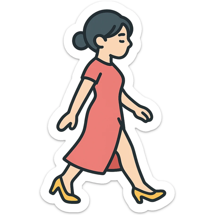 A girl walking from left to right, side view, wearing a red dress with a slit and high heels, eastern style, thin clean outlines, soft rounded shapes, detailed drawing with shadows and highlights, pastel palette #98B5BC, #B5B3C1, #C9A3C9, #E4C0CA, #F7DCD1, #F7C0AA, modern Japanese pop art, soft lighting, transparent background, no extra decoration, focus on movement and elegance sticker