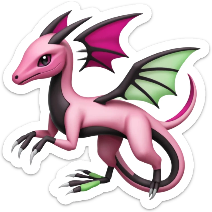 Magenta, black and white Meloetta-Flygon-Gorebyss-Salandit-Salazzle-Pokémon-Fakémon-creature-fusion-hybrid sticker