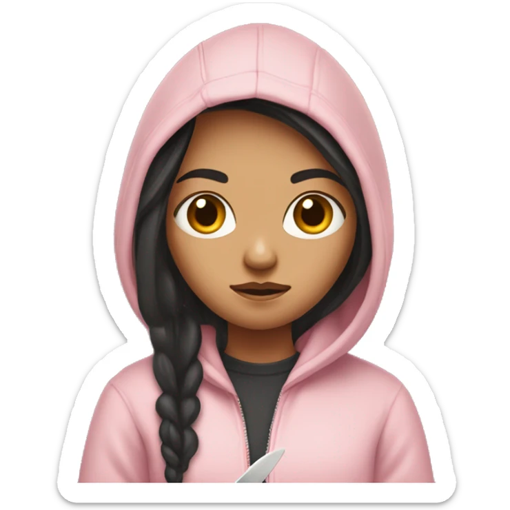 Girl with long dark hair in a light pink hoodie with a serious face holding a butter knife sticker