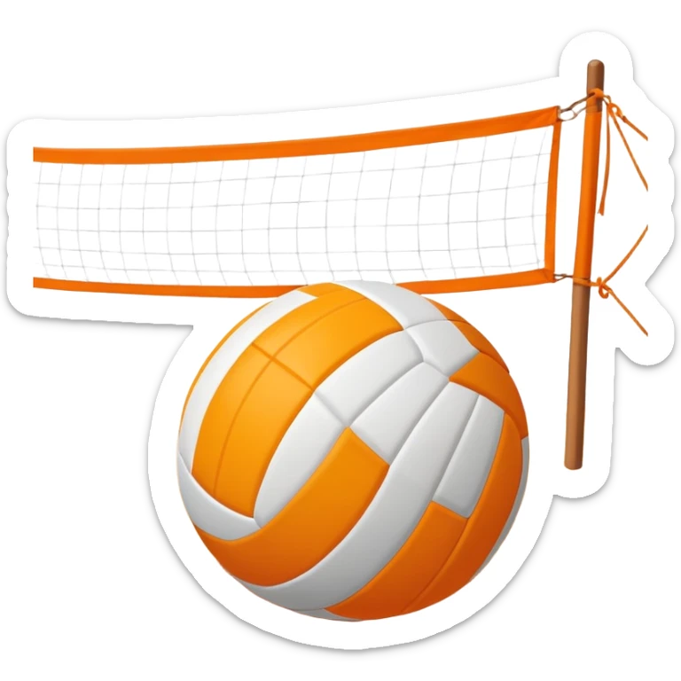 The scene captures a sunny sea beach atmosphere with clear blue sea and sky, palm trees swaying, and people in swimsuits enjoying the vibrant surroundings. A volleyball resting on the orange sand ground of a beach, with a volleyball net in the background.  sticker