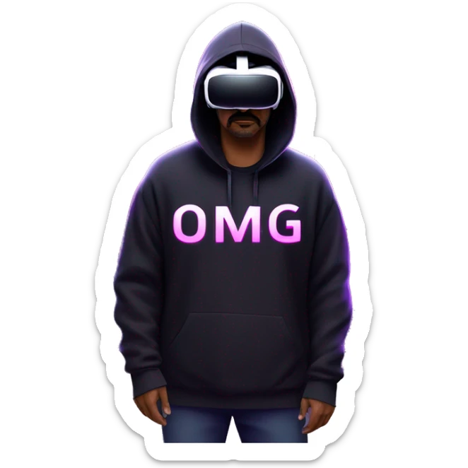 Big Lebowski wearing a black hoodie with "OMG" letters on it and VR headset oculus quest 2 in a cyberpunk VR environment with violet neon lighting. sticker
