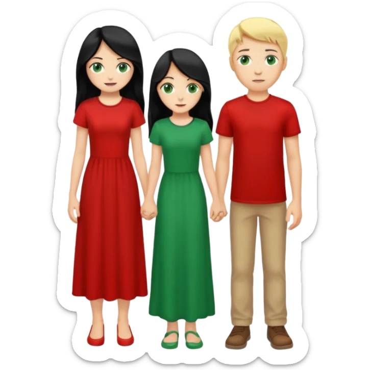 full-length couple, girl with long black hair and green eyes in red dress, boy with blonde hair in white t-shirt sticker