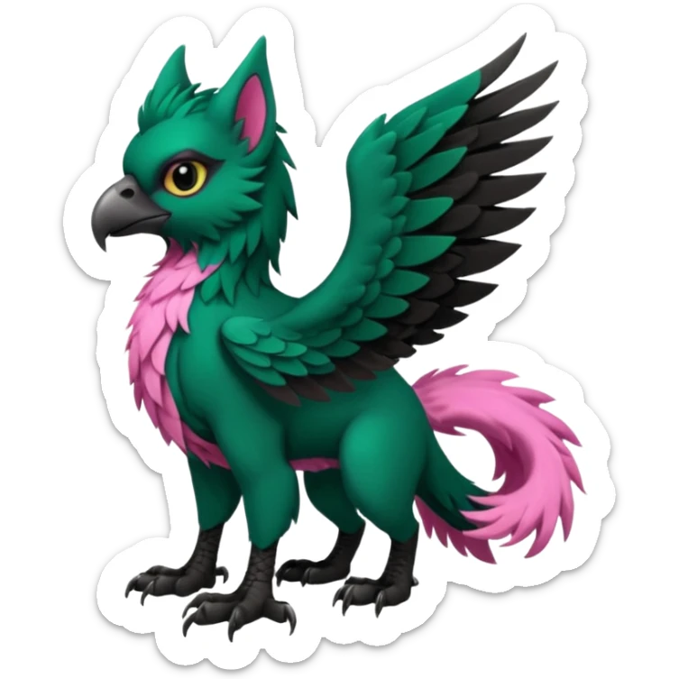 Dark-deep-Emerald-green gryphon-Trico-fusion-hybrid with a long tufted tail, black beak, pink accents, black claws, black tail, majestic, realistic, furry (full body) sticker