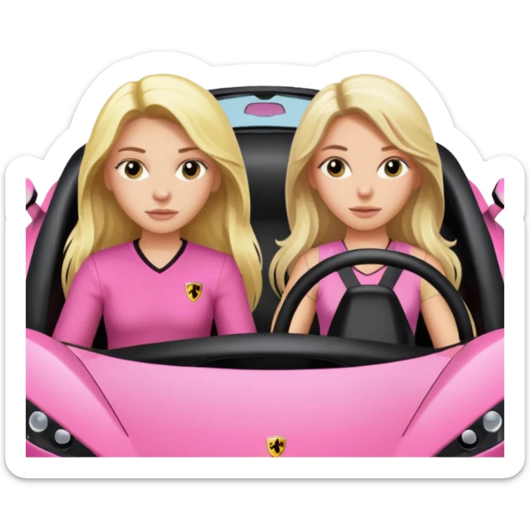 Make car far away so I can see full car Car facing forward in pink sports car. Make hair long are not smiling but very pretty. One girl is blonde, one girl is brunette. Front of car sitting in the seats. Make it a pink sports car. They are two baddies make it a Lamborghini pink car  sticker