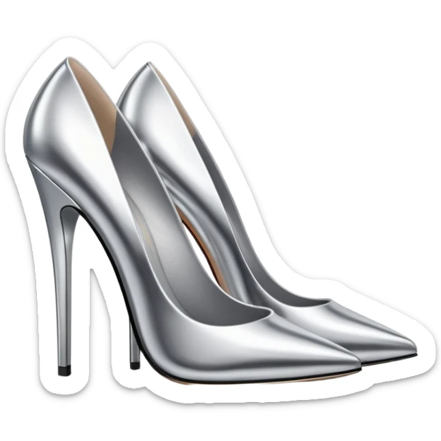 A pair of high heel shoes emoji made of polished silver chrome, elegant sharp silhouette, smooth metallic surface, glossy reflections, luxury sexy vibe, minimalistic iOS emoji style, centered, clean white background sticker