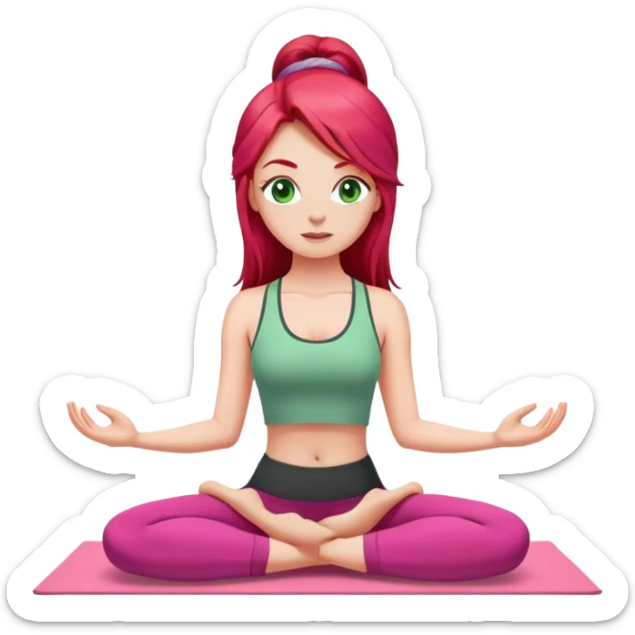Long hair red head white girl with green eyes doing yoga wearing pink sticker