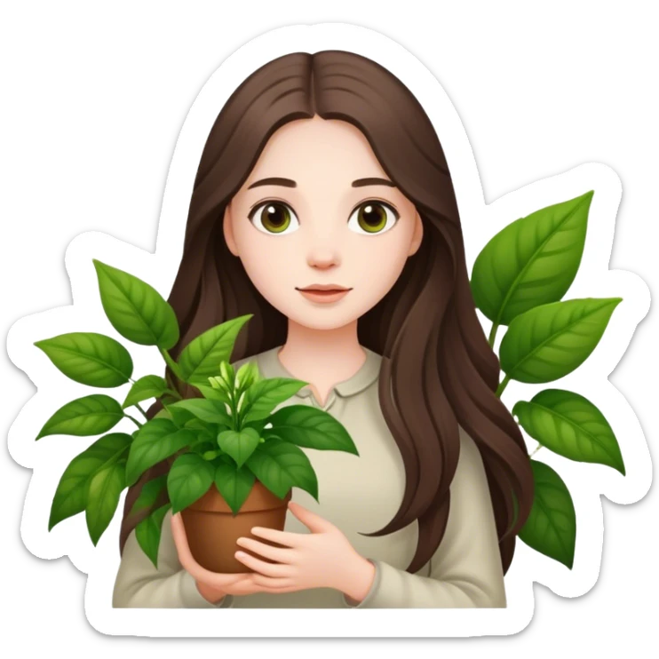 beautiful pale brunette girl with long hair holding plants  sticker