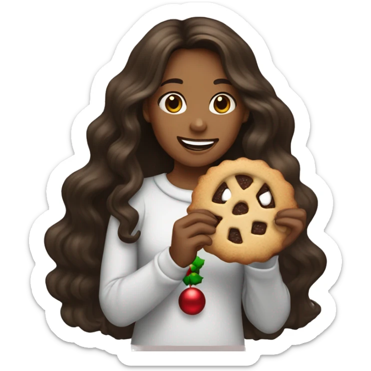 Tan girl with dark brown long wavy hair eating a Christmas cookie sticker