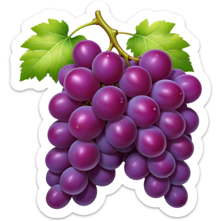 Cinematic Realistic Grapes Emoji, Clustered together in rich purple hues, with smooth, plump skins reflecting light in a glossy, delicate sheen. The stems curve slightly, holding the clusters together like a sweet, natural treasure. Soft glowing outline, capturing the essence of natural sweetness and richness in a bunch of ripe grapes! sticker