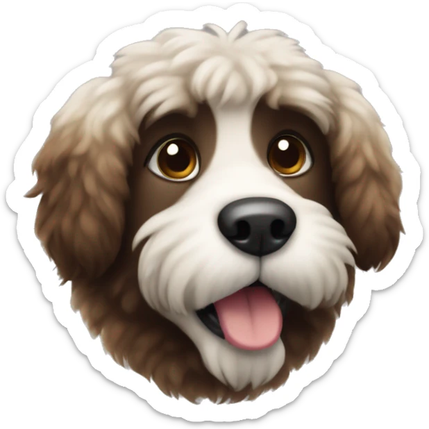 An emoji of a fluffy dog with a mix of black and brown fur, showcasing its thick coat and friendly expression sticker