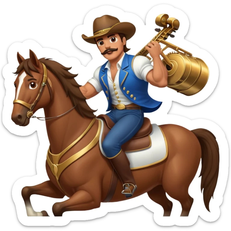 super jacked guy with a mustache and long hair playing the piano, but also riding a horse sticker