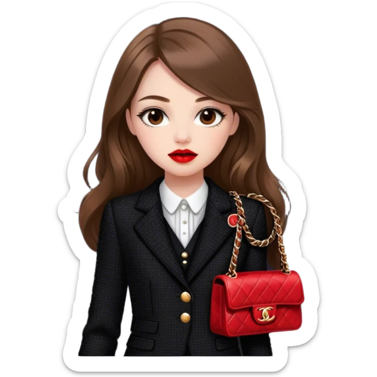 White girl with brown long hair dressed up in black chanel tweed suit with a red chanel bag and red lipstick. Close up sticker