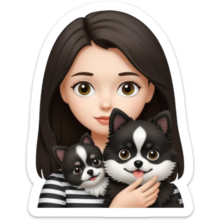 an brunette hair girl holding her black and white pomeranian dog that has white middle part in the face kinda looks like a panda sticker