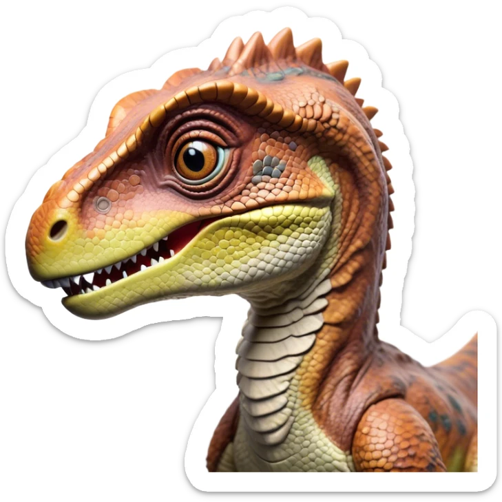 Cinematic Realistic Cute velociraptor/T-rex Portrait Emoji, Head tilted playfully and inquisitively, featuring a compact, slightly rounded build with intricately detailed, textured scales in natural hues and a surprisingly endearing face with bright, curious eyes, rendered with lifelike clarity and warm natural light, high shine, affectionate and quirky, styled with a touch of prehistoric whimsy, soft glowing outline, capturing the essence of a mischievous yet lovable velociraptor/T-rex that seems poised to stomp playfully into your arms! sticker