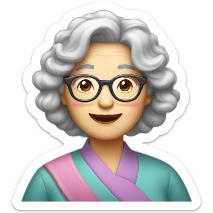 Chinese senior  lady has wavy long  wavy hair wear glasses show appreciation signs sticker