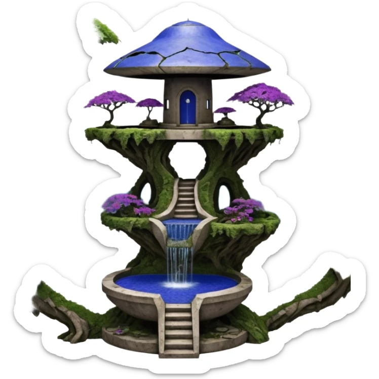 Alien saucer house jungle-vines unevenly precarious stairway fountain mountain-island landscape antique mudman very old broken cracked intricate Stone Age lapis-crusted irregular dodecagon-shaped shallow dark moss rough bark violet serissa flowered maple tree bonsai pot sticker
