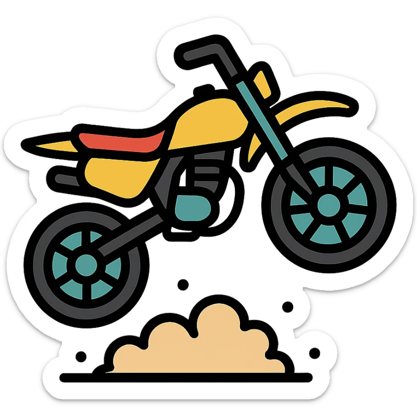 125cc dirtbike, jumping, with dust trail, energetic, icon, lineal color icon with black outlines sticker