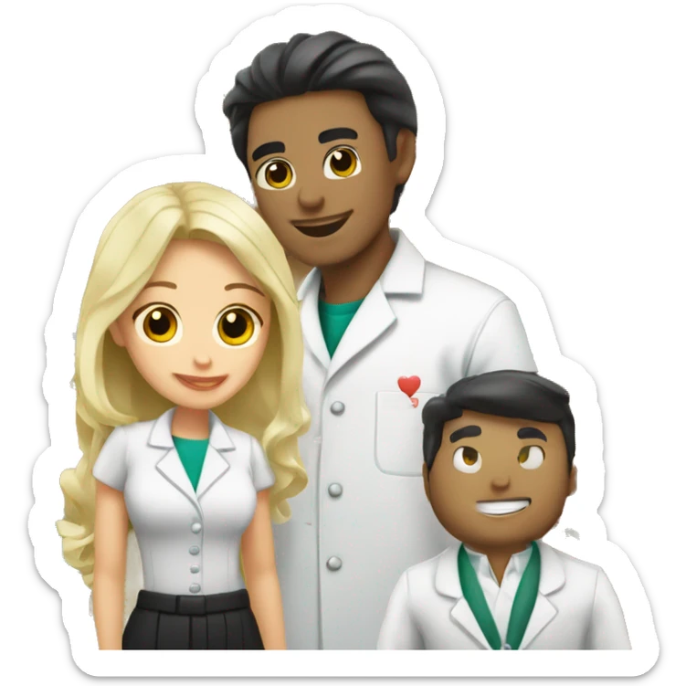 blonde female pharmacist and Italian male chemist with black hair in love sticker