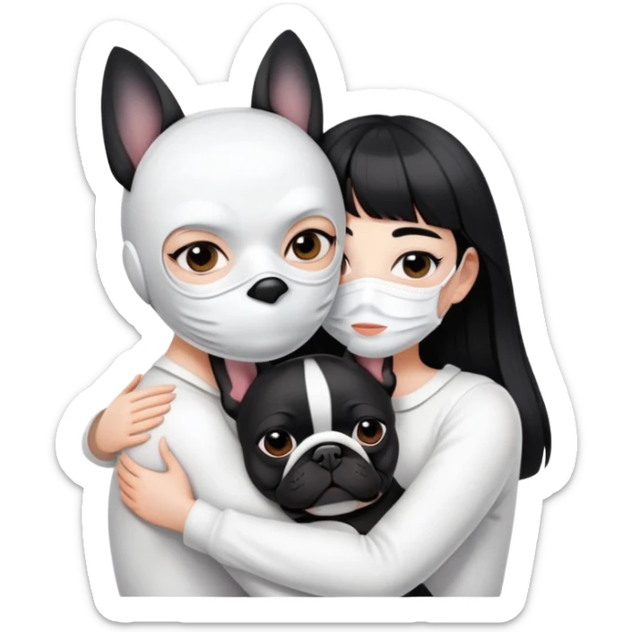 girl with short black straight bangs hair wearing a white mask and hugging one black French bulldoge  sticker