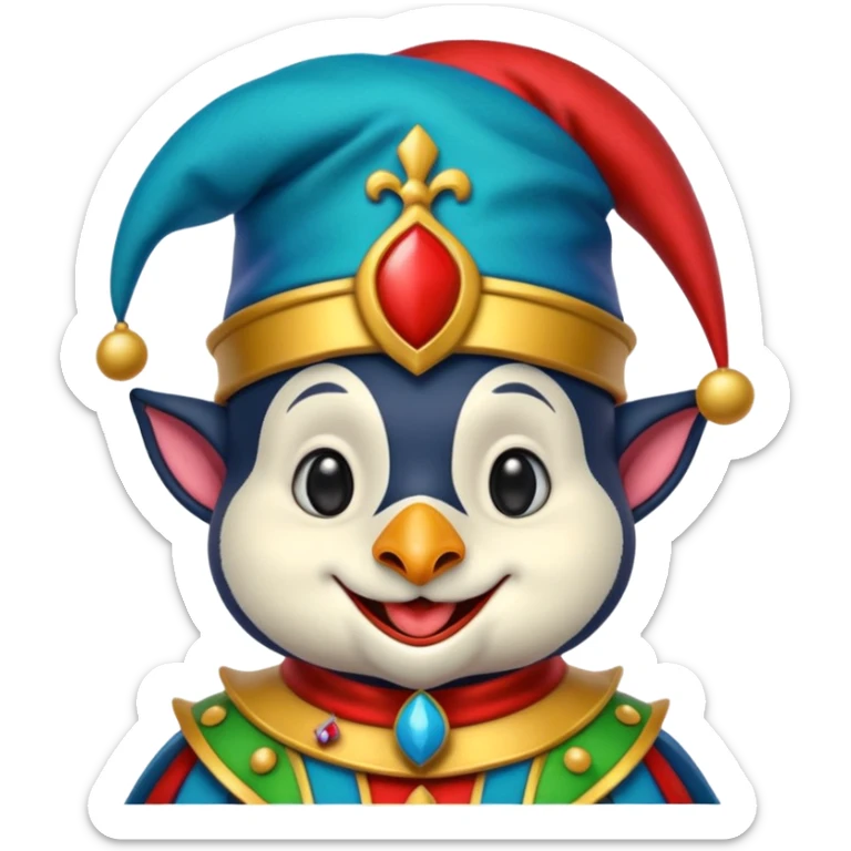 crazy colorful puppy penguin jolly joker, medieval, vintage, court jester, mac os icon, blue color sticker